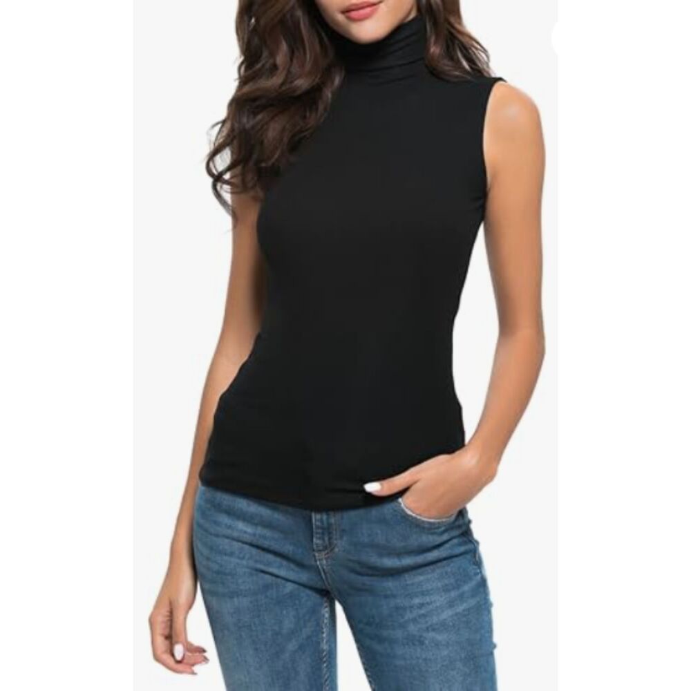 ana Black Full Length Sleeveless Mock Neck Ribbed Tank, Women's XS, Cotton Blend